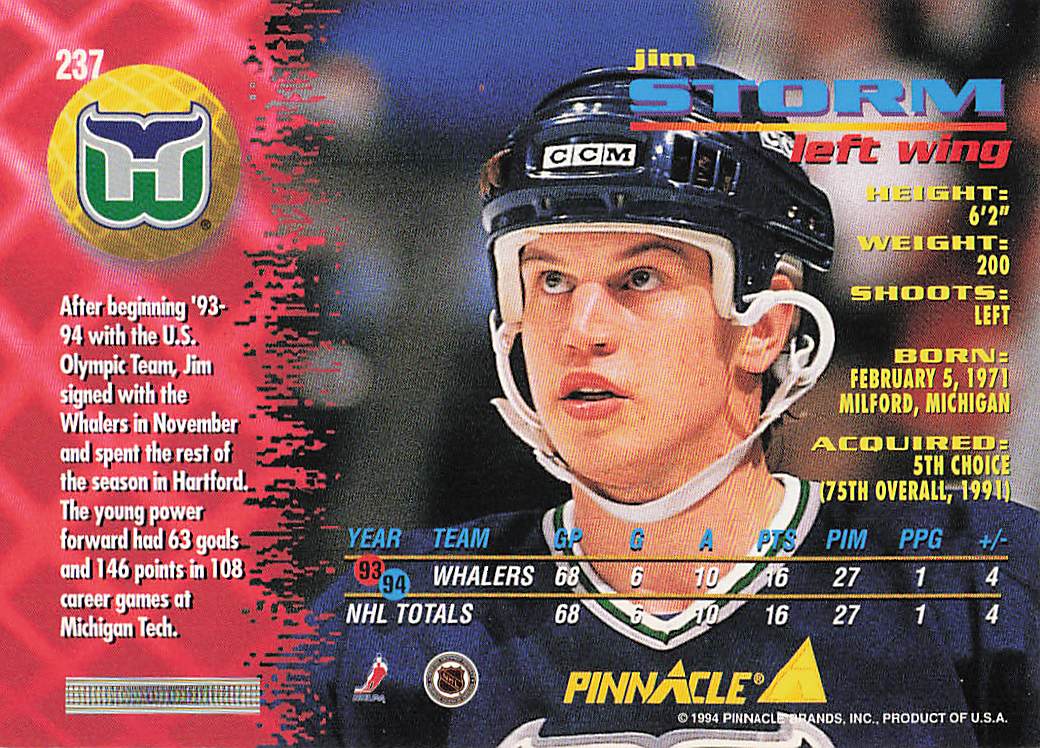 1994-95 Pinnacle Hockey Jim Storm #237