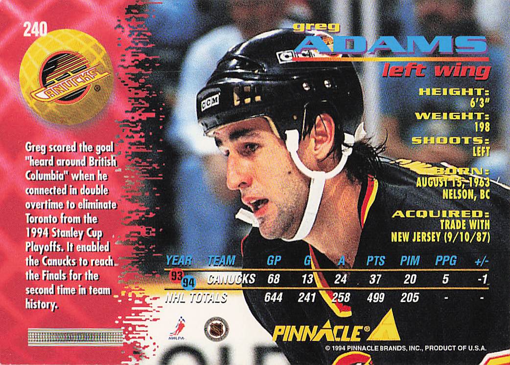 1994-95 Pinnacle Hockey Greg Adams #240