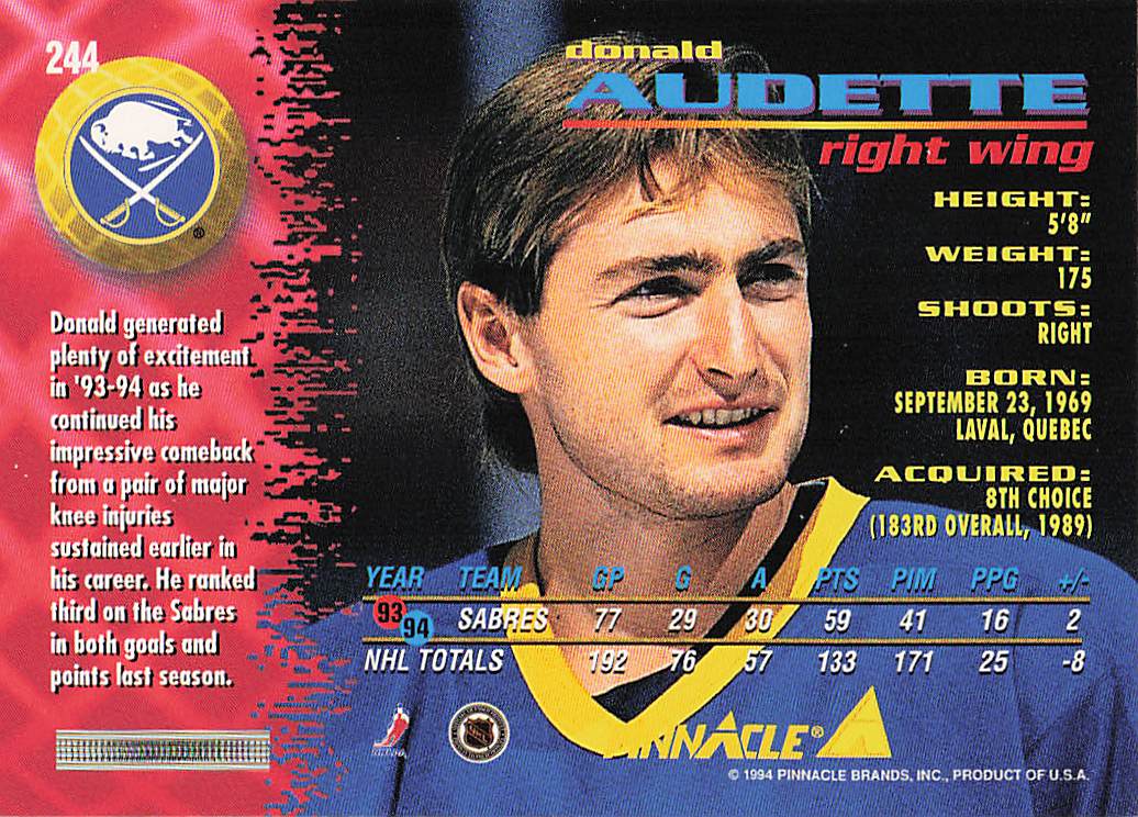 1994-95 Pinnacle Hockey Donald Audette #244