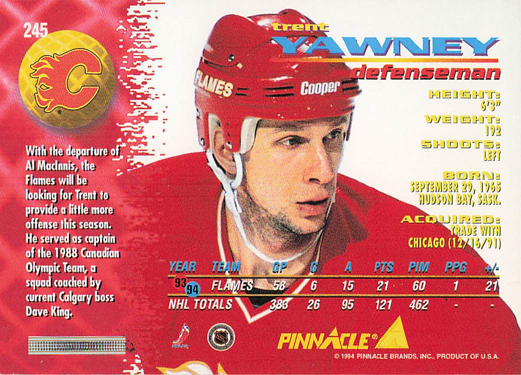1994-95 Pinnacle Hockey Trent Yawney #245