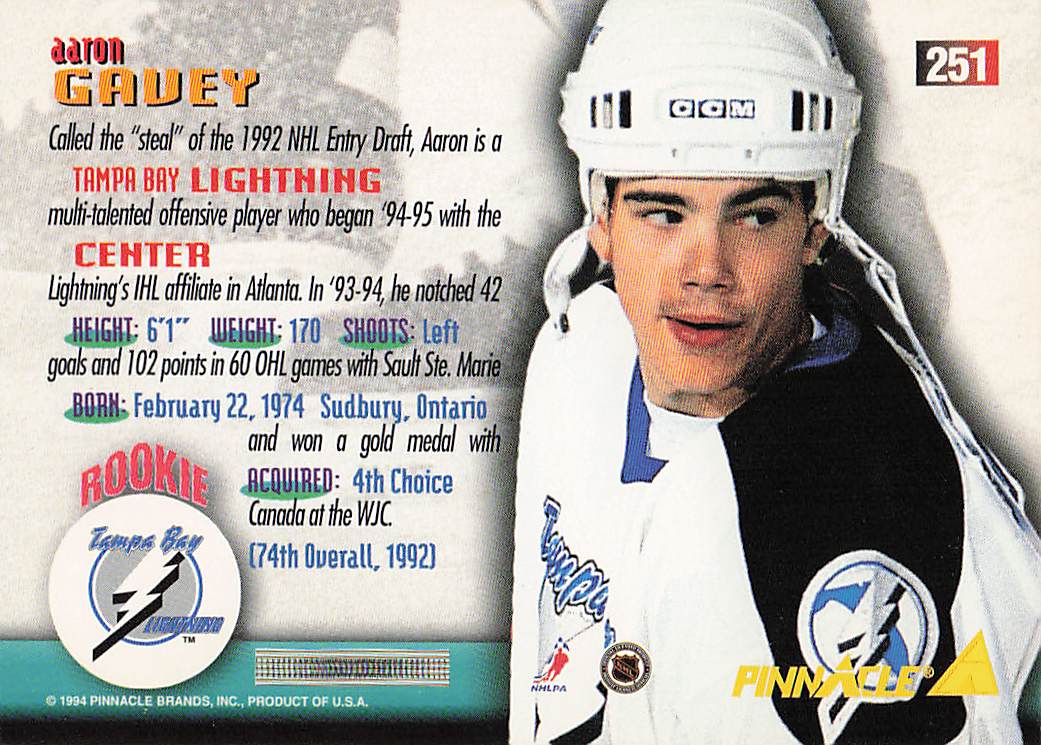 1994-95 Pinnacle Hockey Aaron Gavey #251
