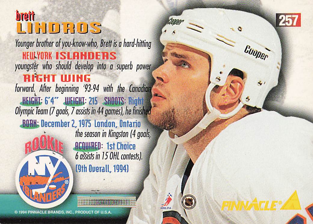1994-95 Pinnacle Hockey Brett Lindros #257