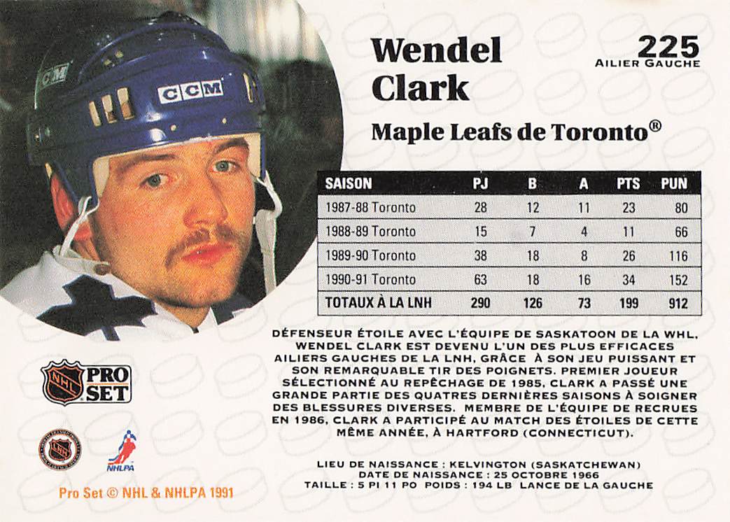 1991-92 Pro Set French Hockey Wendel Clark #225