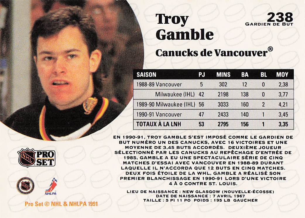 1991-92 Pro Set French Hockey Troy Gamble #238