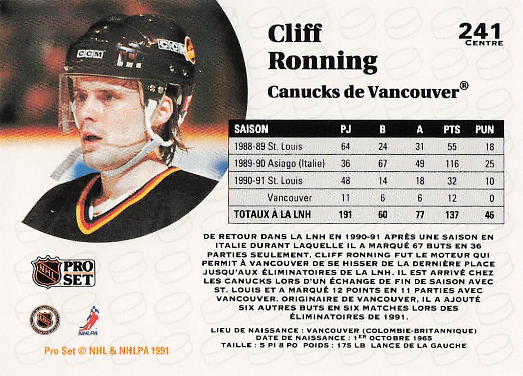 1991-92 Pro Set Hockey Cliff Ronning #241