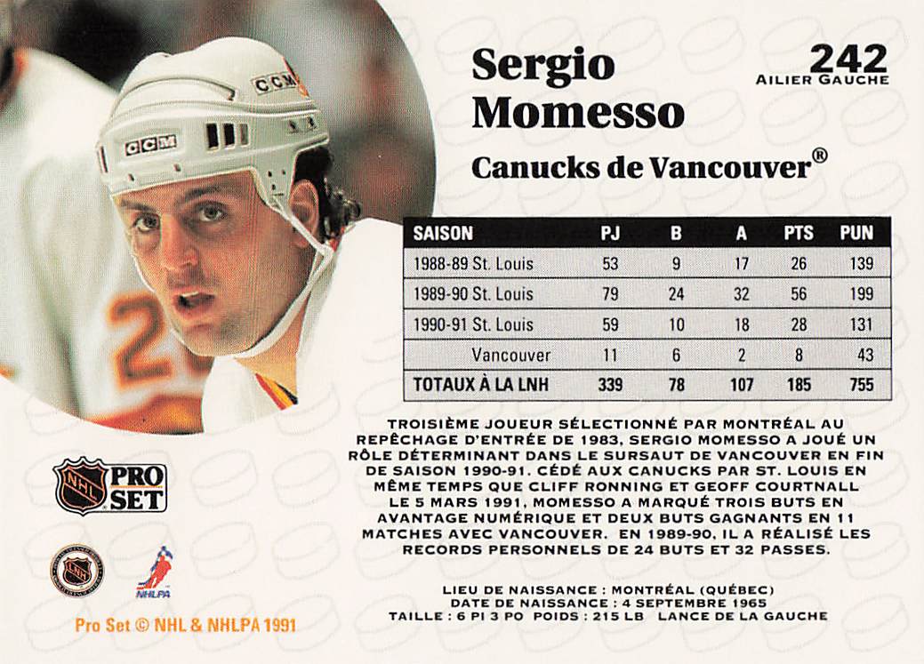 1991-92 Pro Set French Hockey Sergio Momesso #242