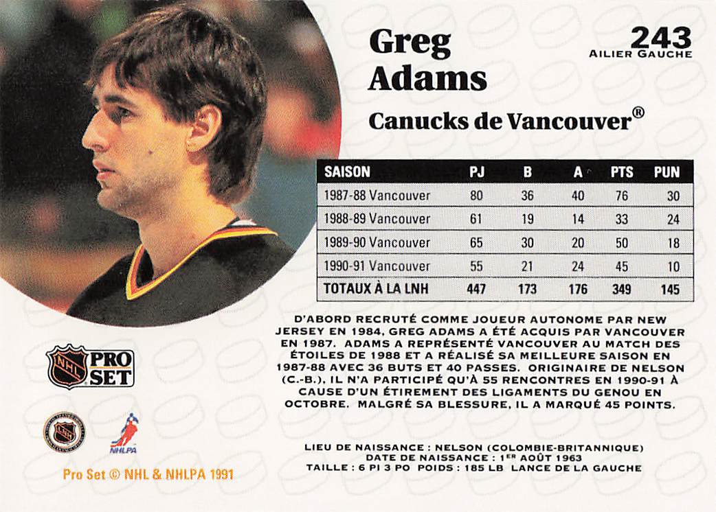1991-92 Pro Set Hockey Greg Adams #243
