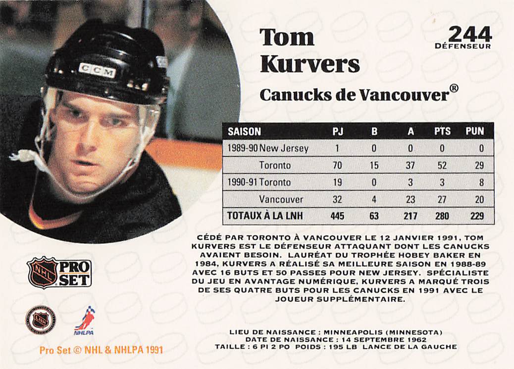1991-92 Pro Set French Hockey Tom Kurvers #244
