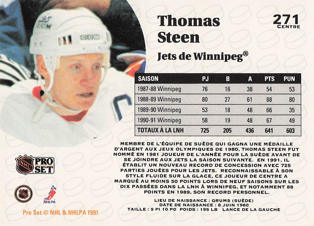 1991-92 Pro Set Hockey Thomas Steen #271
