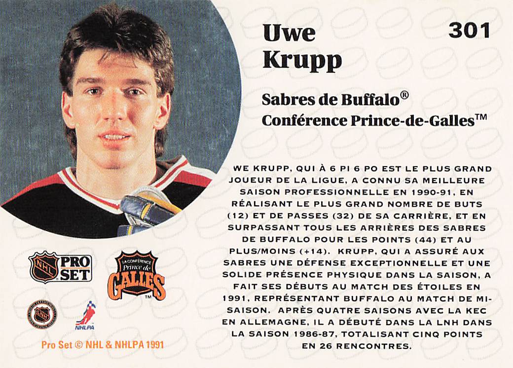 1991-92 Pro Set French Hockey Uwe Krupp #301