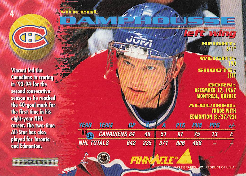 1994-95 Pinnacle Hockey Vincent Damphousse #4