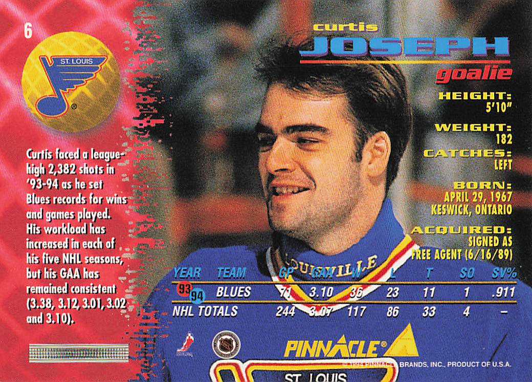 1994-95 Pinnacle Hockey Curtis Joseph #6