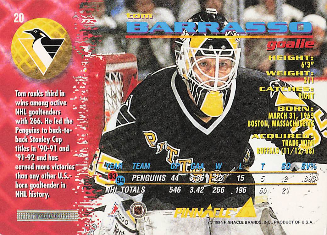 1994-95 Pinnacle Hockey Tom Barrasso #20