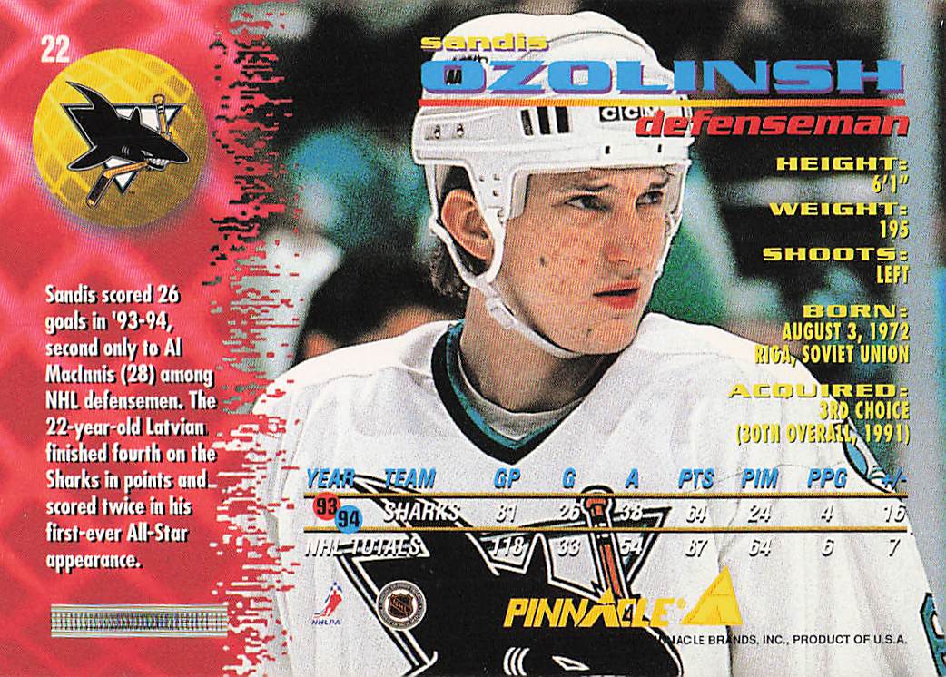 1994-95 Pinnacle Hockey Sandis Ozolinsh #22