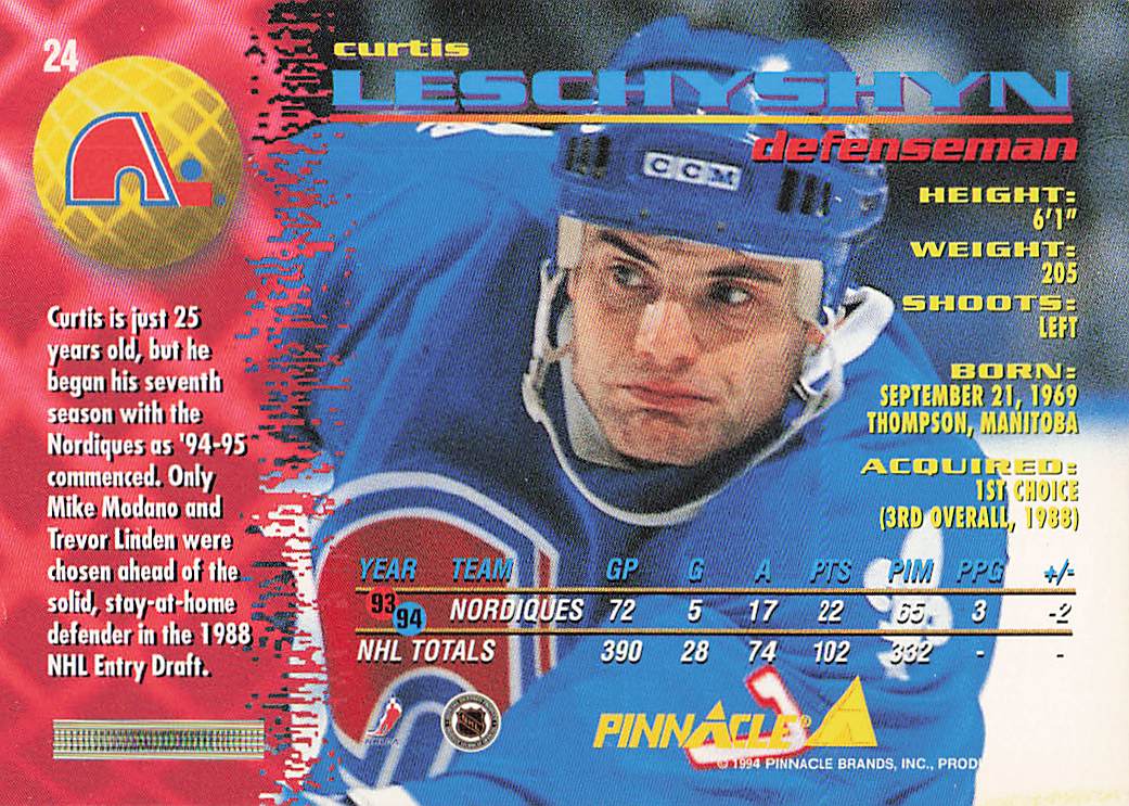 1994-95 Pinnacle Hockey Curtis Leschyshyn #24