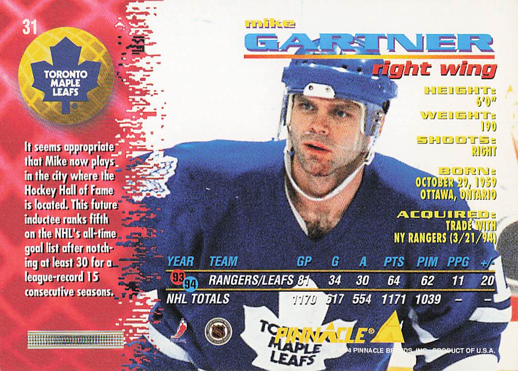 1994-95 Pinnacle Hockey Mike Gartner #31