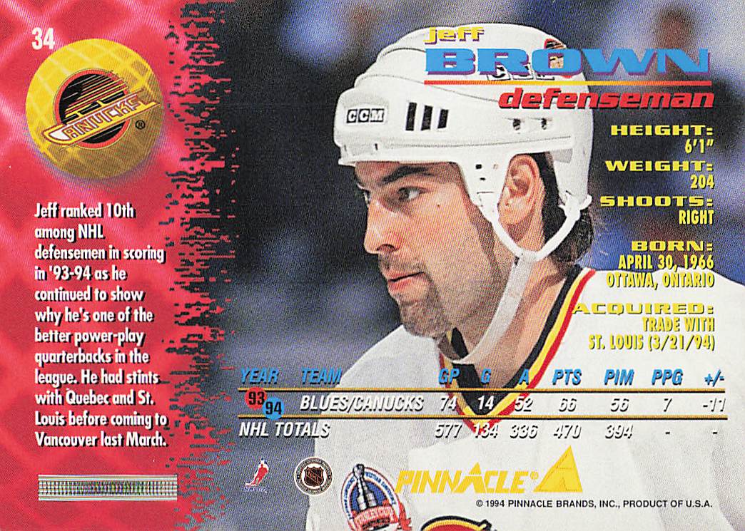 1994-95 Pinnacle Hockey Jeff Brown #34