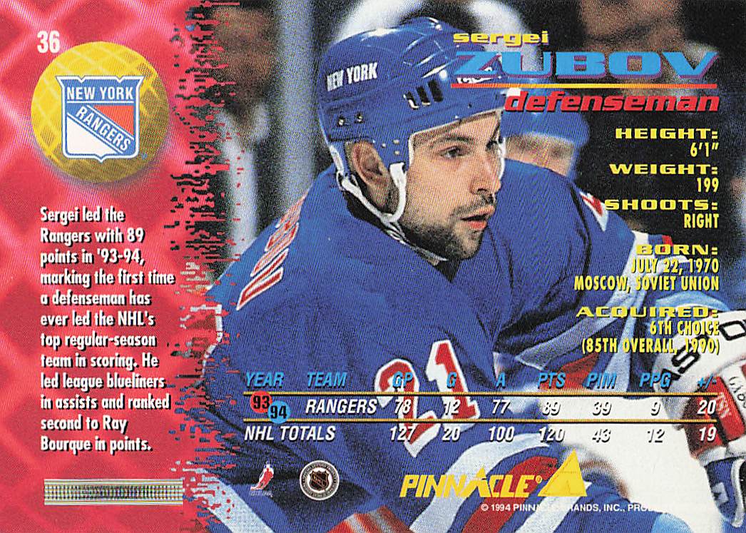 1994-95 Pinnacle Hockey Sergei Zubov #36