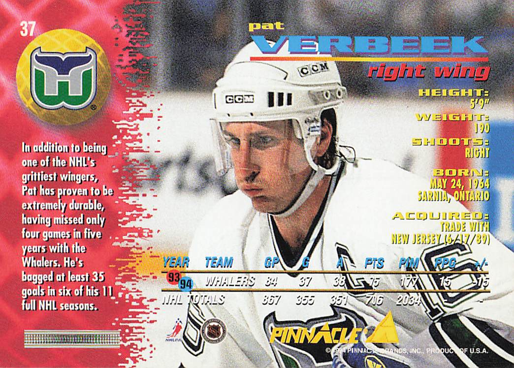 1994-95 Pinnacle Hockey Pat Verbeek #37