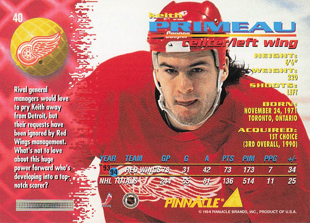 1994-95 Pinnacle Hockey Keith Primeau #40