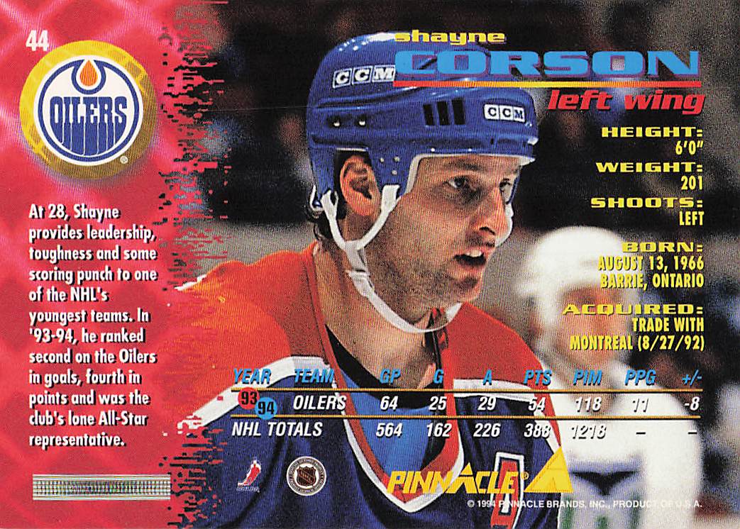 1994-95 Pinnacle Hockey Shayne Corson #44