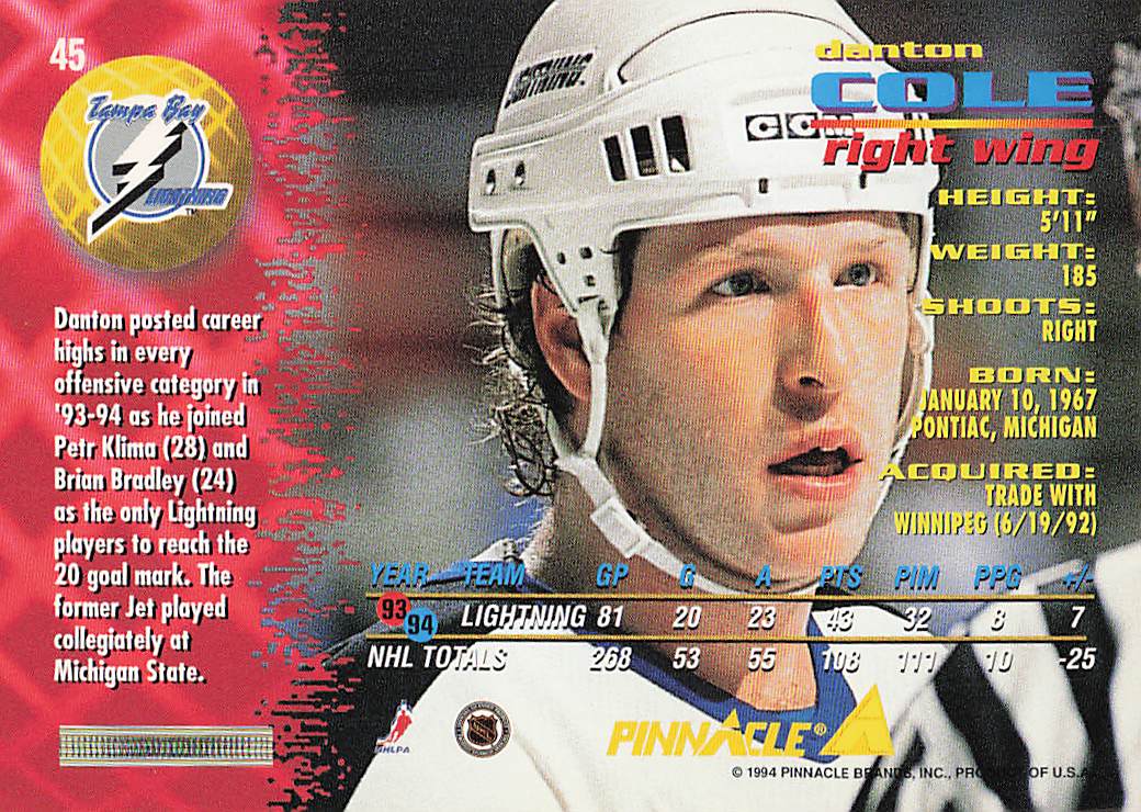 1994-95 Pinnacle Hockey Danton Cole #45