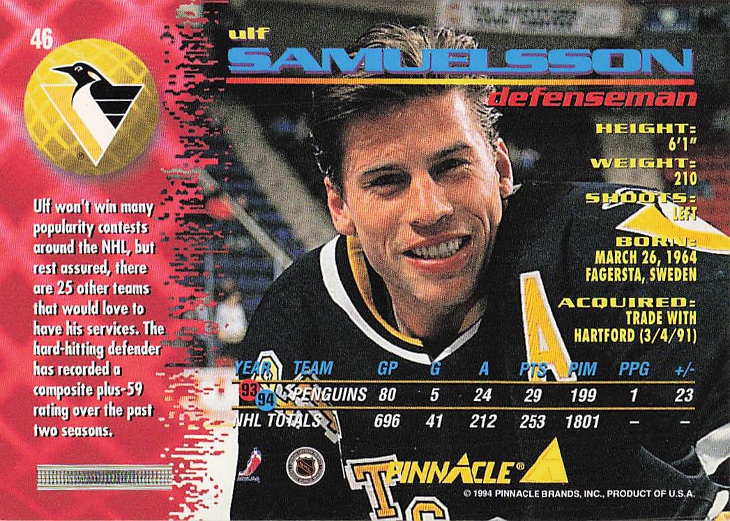 1994-95 Pinnacle Hockey Ulf Samuelsson #46