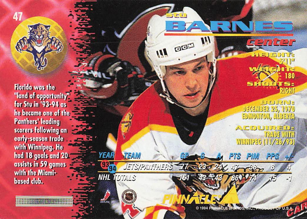 1994-95 Pinnacle Hockey Stu Barnes #47