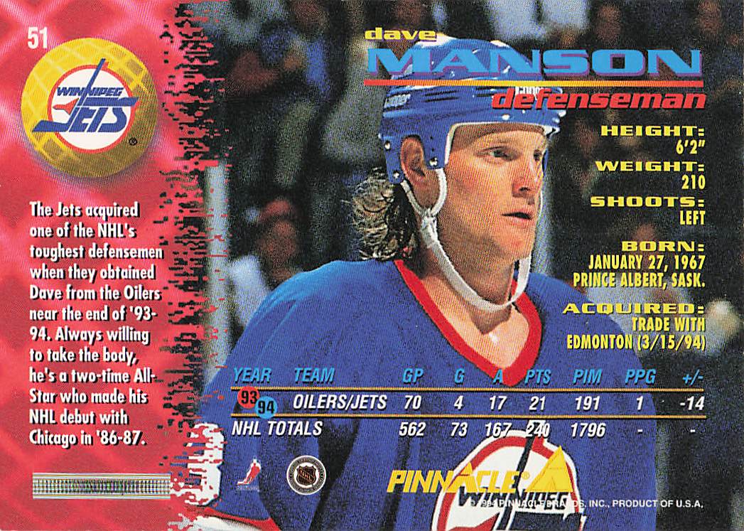 1994-95 Pinnacle Hockey Dave Manson #51