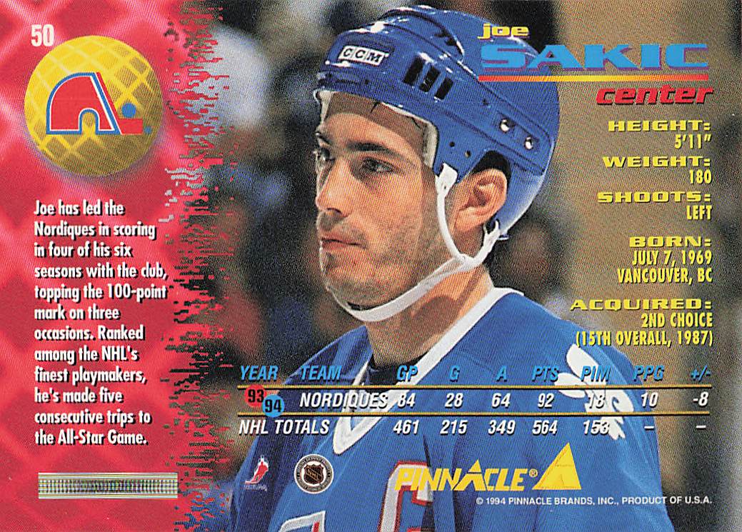 1994-95 Pinnacle Hockey Joe Sakic #50