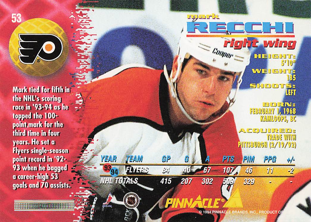 1994-95 Pinnacle Hockey Mark Recchi #53