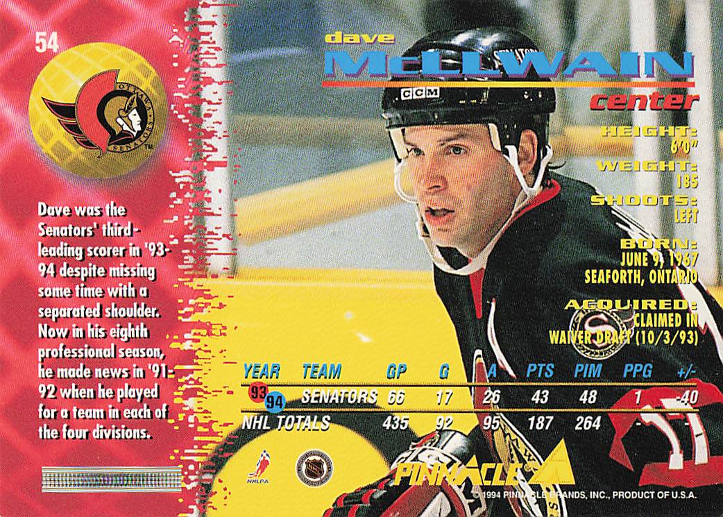 1994-95 Pinnacle Hockey Dave McLlwain #54