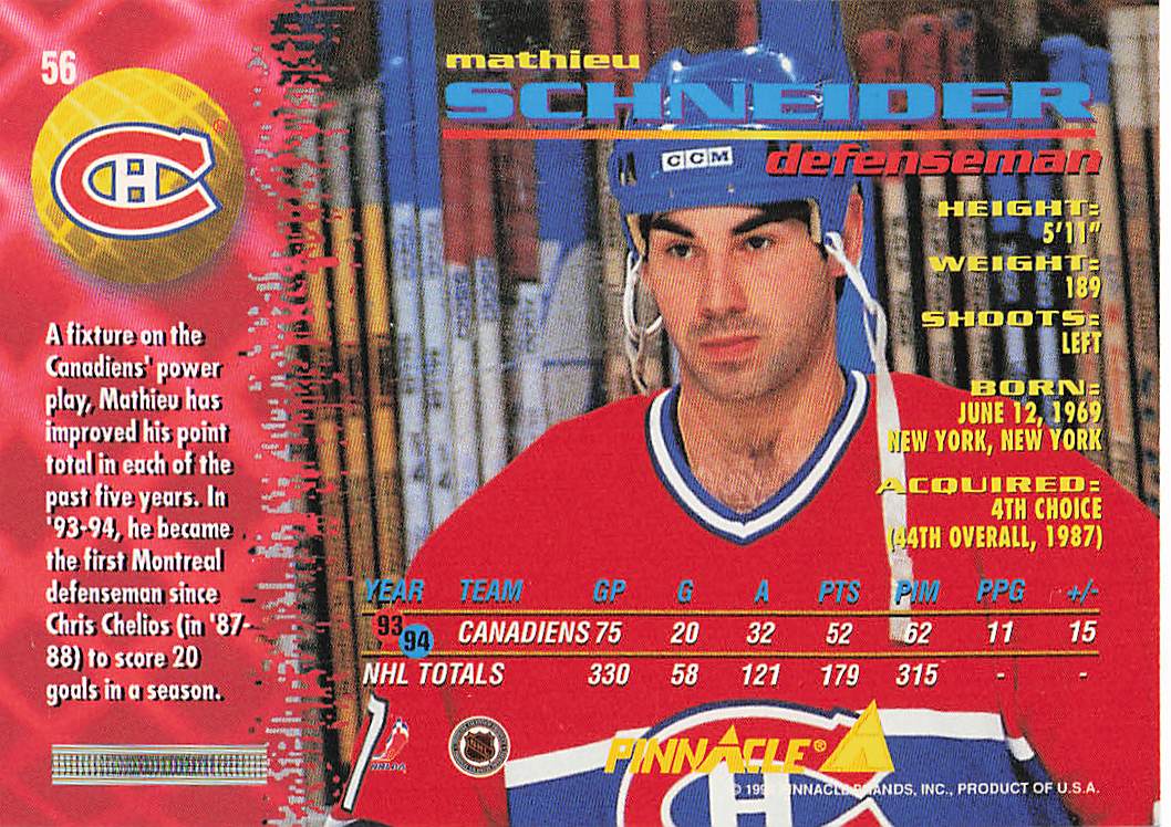 1994-95 Pinnacle Hockey Mathieu Schneider #56