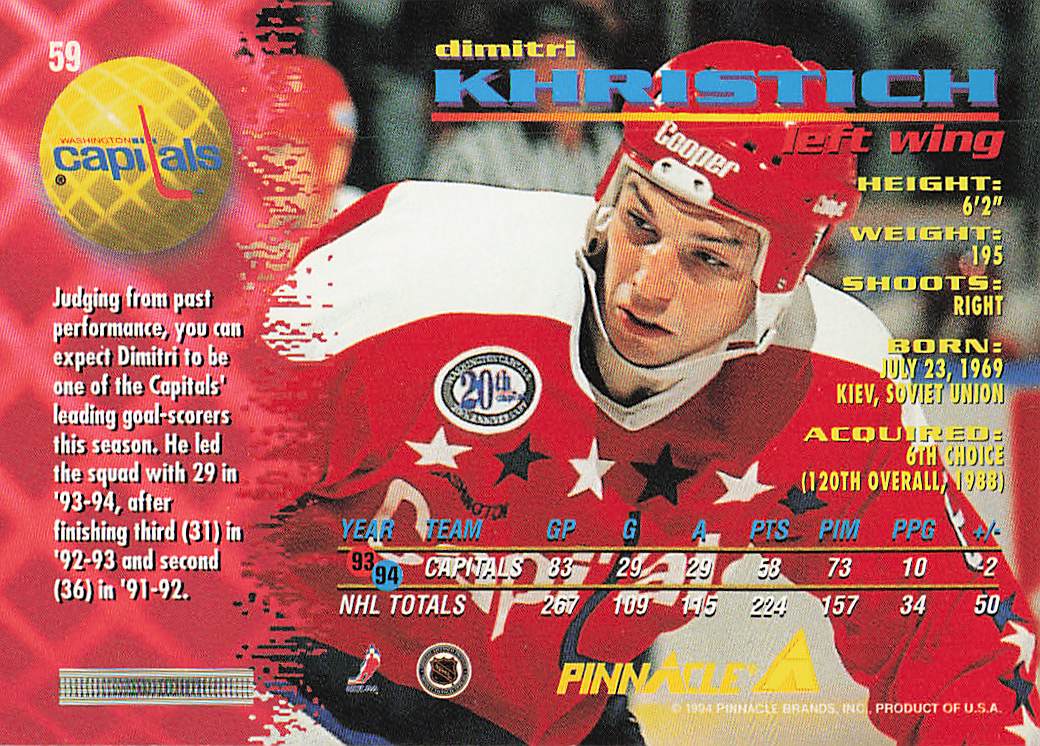 1994-95 Pinnacle Hockey Dimitri Khristich #59