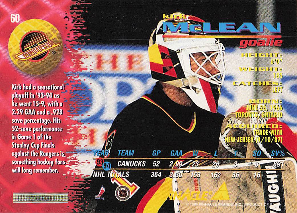 1994-95 Pinnacle Hockey Kirk McLean #60