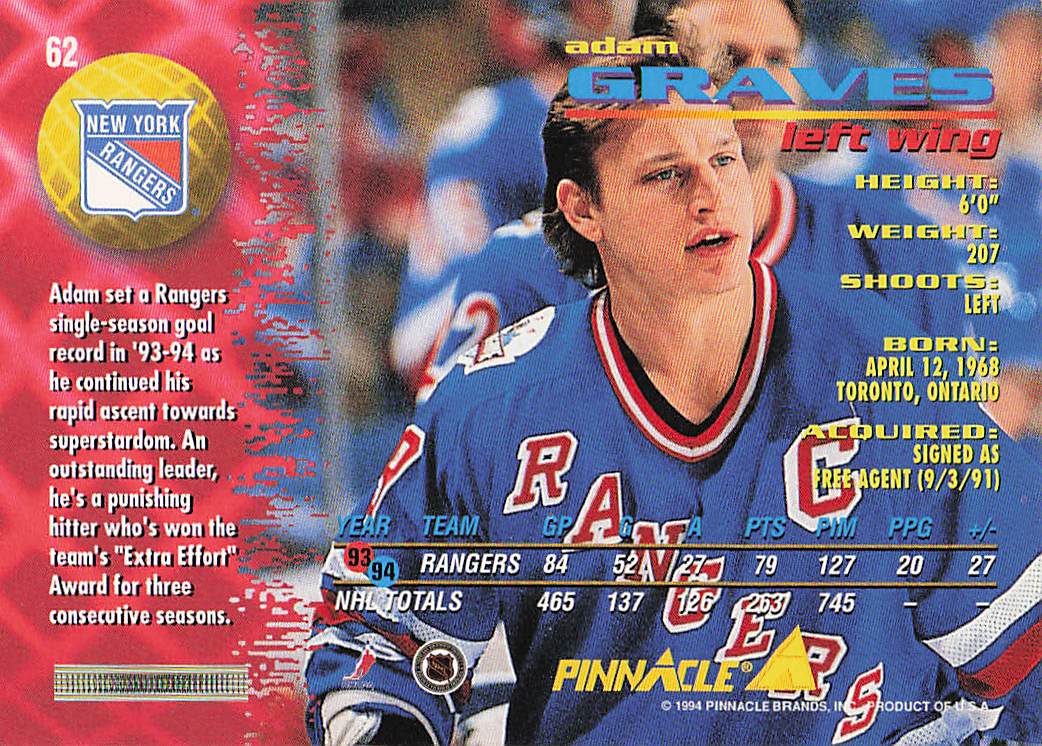 1994-95 Pinnacle Hockey Adam Graves #62