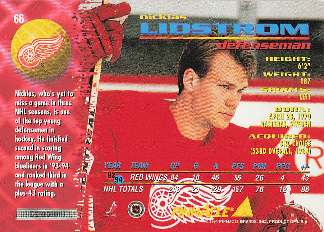 1994-95 Pinnacle Hockey Nicklas Lidstrom #66