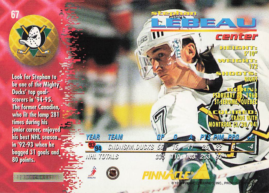 1994-95 Pinnacle Hockey Stephan Lebeau #67