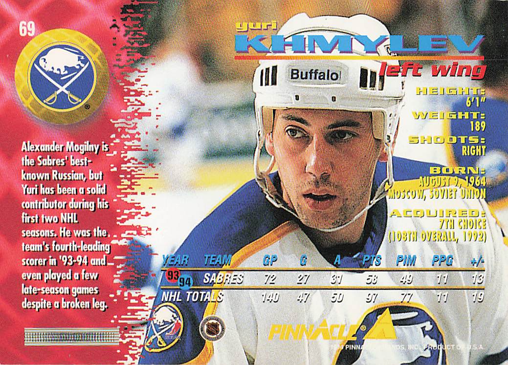 1994-95 Pinnacle Hockey Yuri Khmylev #69