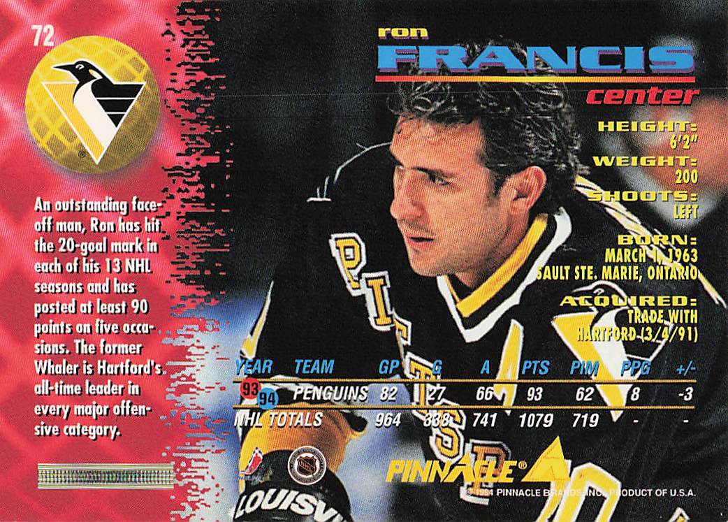 1994-95 Pinnacle Hockey Ron Francis #72