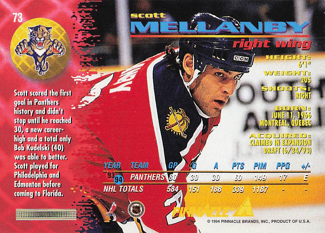 1994-95 Pinnacle Hockey Scott Mellanby #73