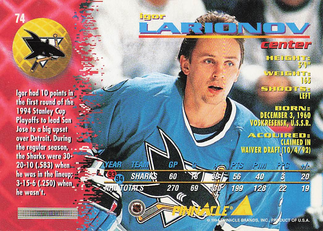 1994-95 Pinnacle Hockey Igor Larionov #74