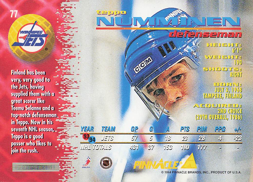 1994-95 Pinnacle Hockey Teppo Numminen #77