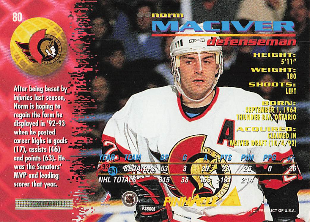 1994-95 Pinnacle Hockey Norm Maciver #80
