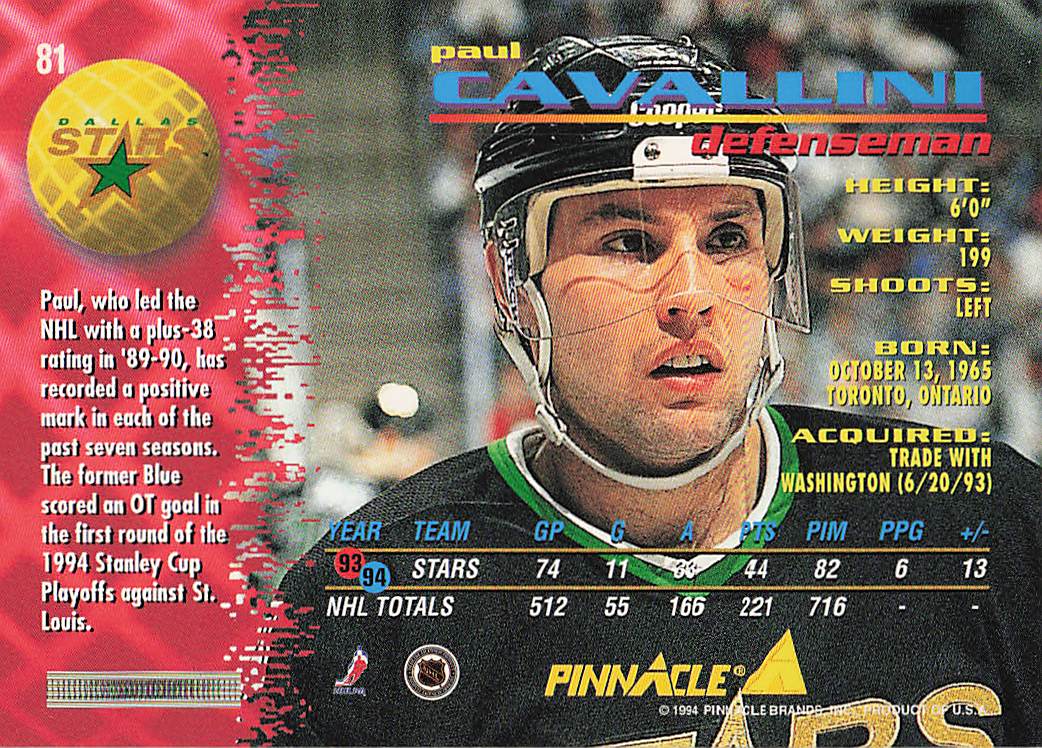 1994-95 Pinnacle Hockey Paul Cavallini #81
