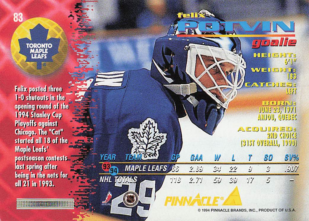 1994-95 Pinnacle Hockey Felix Potvin #83