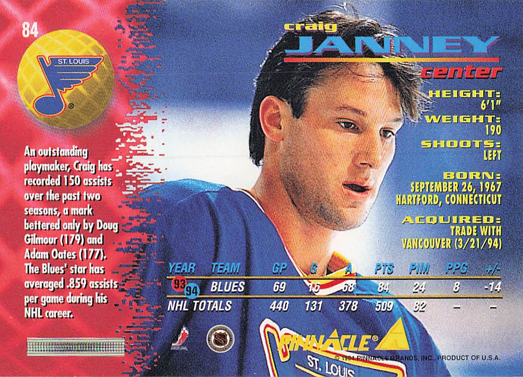 1994-95 Pinnacle Hockey Craig Janney #84