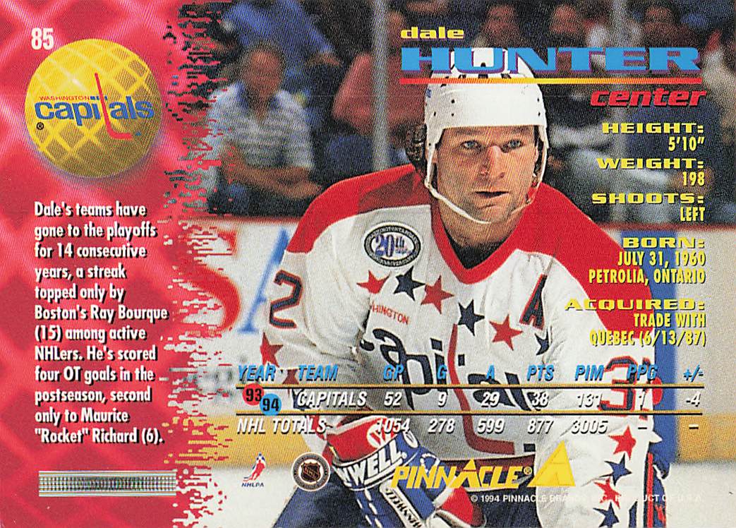 1994-95 Pinnacle Hockey Dale Hunter #85