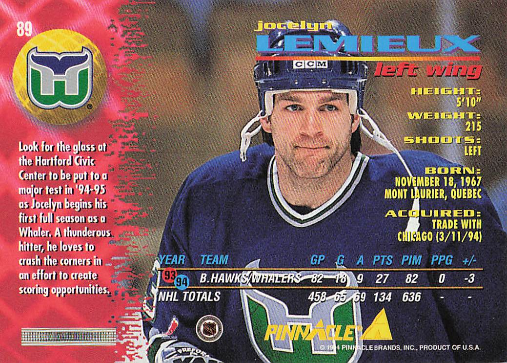 1994-95 Pinnacle Hockey Jocelyn Lemieux #89