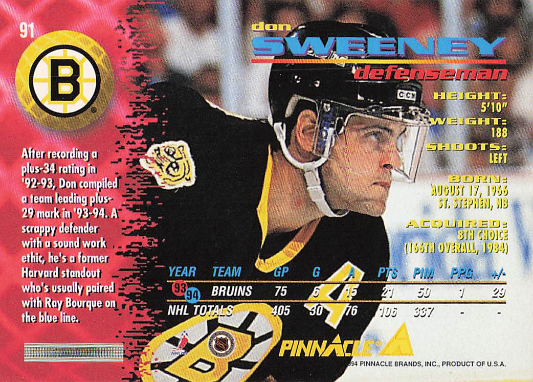1994-95 Pinnacle Hockey Don Sweeney #91